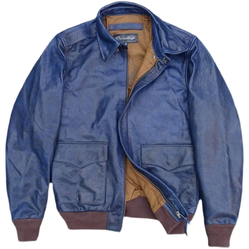 

A2 Bomber Leather Jacket Horsehide Blue Print Distressed Wear and Tear Military Style Men's Clothes