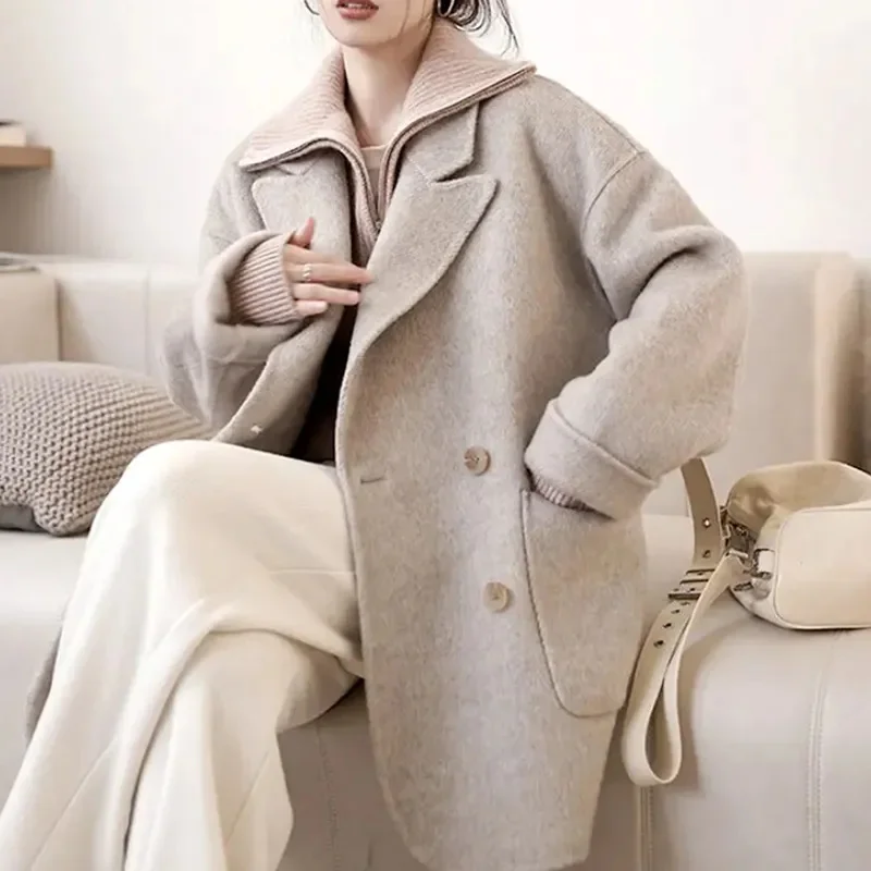 

Новинка 2023 года, женские шерстяные пальто, свободные повседневные двубортные двусторонние куртки в стиле ретро, офисная женская верхняя одежда, осень-зима