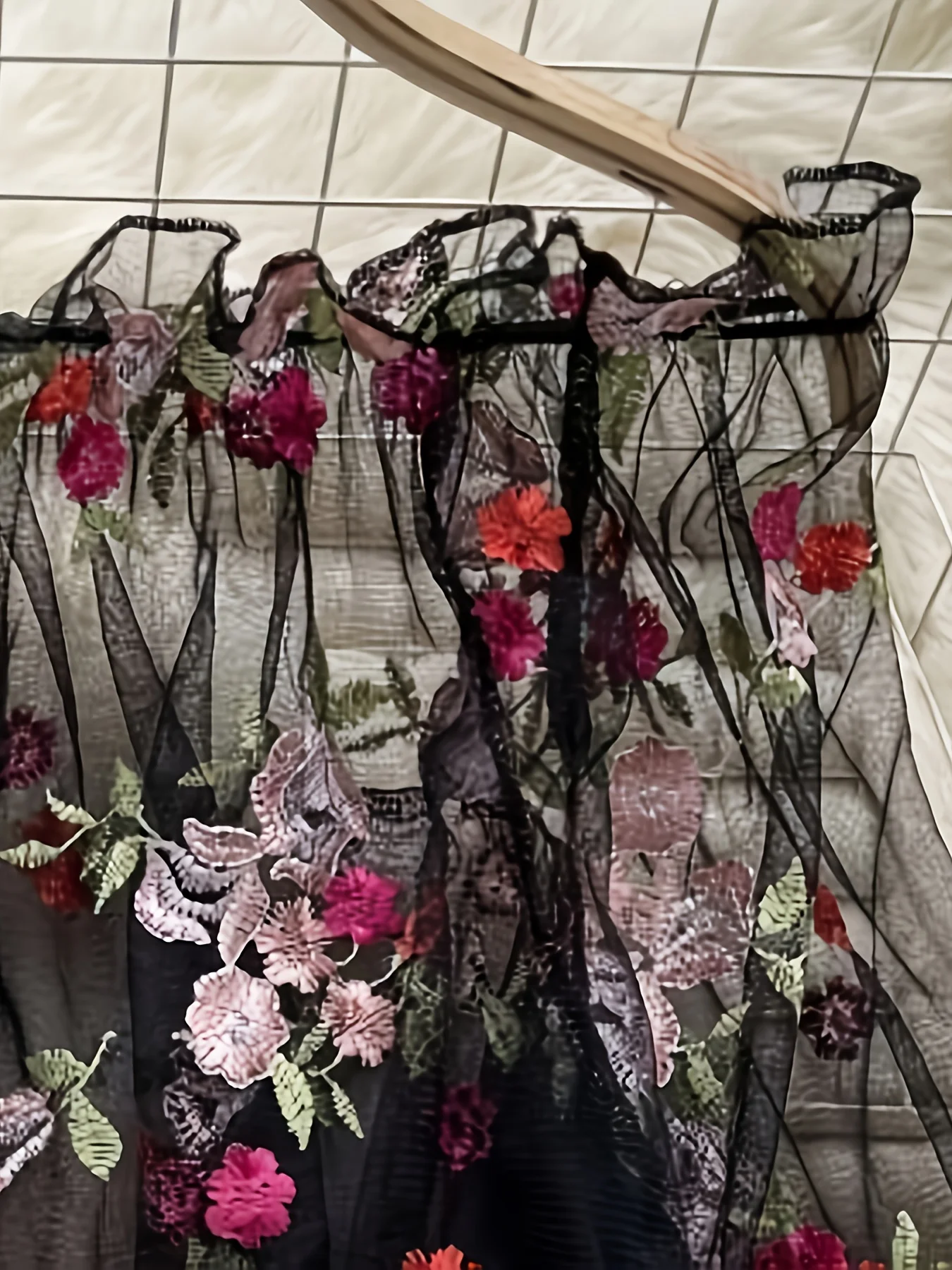 Pure Desire Off-Shoulder Mesh Embroidery See-Through Loose Short Long-Sleeve Top Blouse Lace Shirt