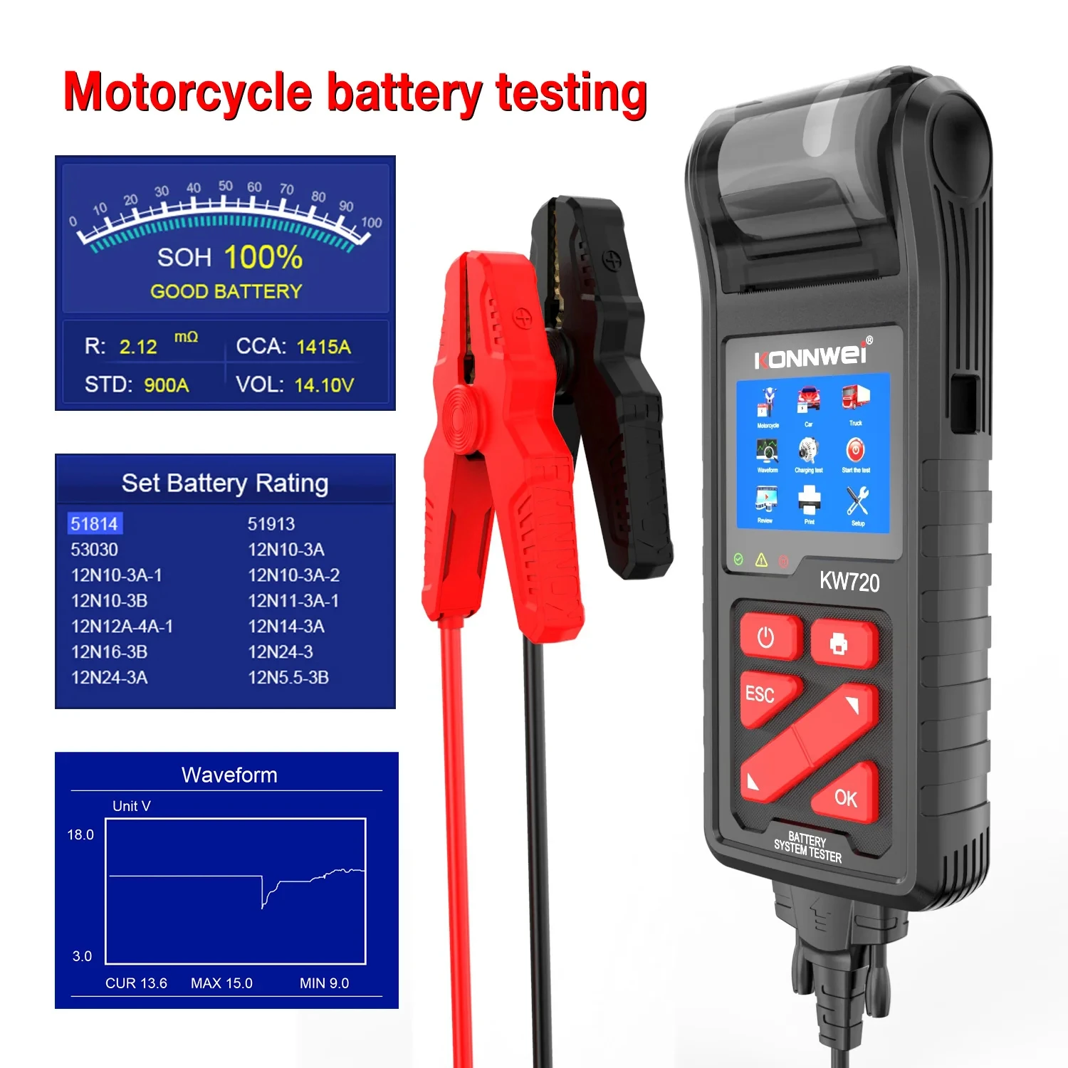 KONNWEI KW720 6V 12V 24V Battery Tester Analyzer Charging Cranking Test Tool for Motorcycle Car Truck with Integrated Printer