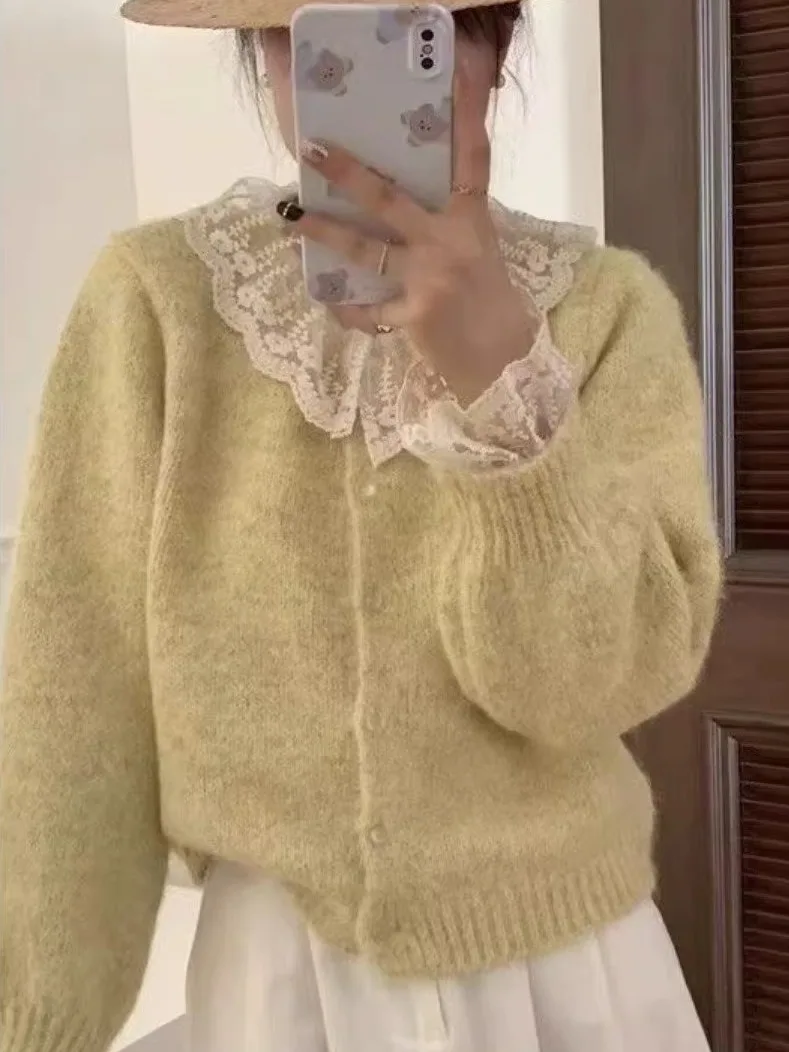 

Yellow Knitted ort Sweater Coat Women's Loose Fit Soft Comfortable Autumn Winter Faion Lace Trim ature Slimming Cardigan
