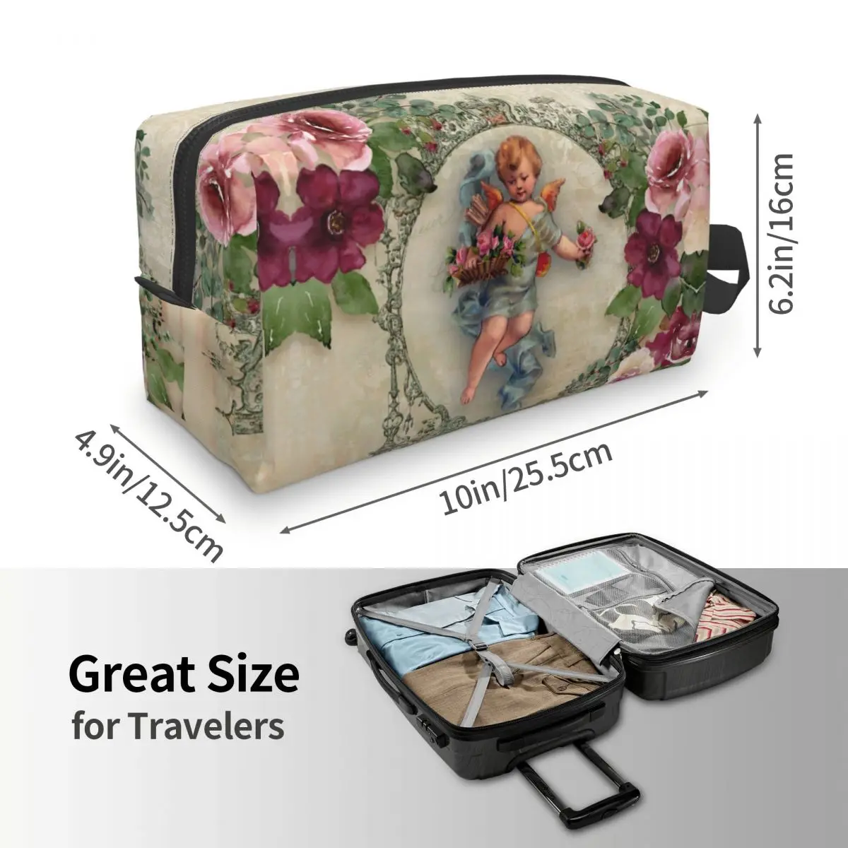 Custom Vintage Rose Victorian Angel Travel Cosmetic Bag for Women Makeup Toiletry Organizer Lady Beauty Storage Dopp Kit