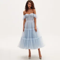 OEING Princess A-Line Light Blue Prom Dresses Ankle Length Off Shoulder Party Gowns Simple Pleats Soft Tulle Dress Customized