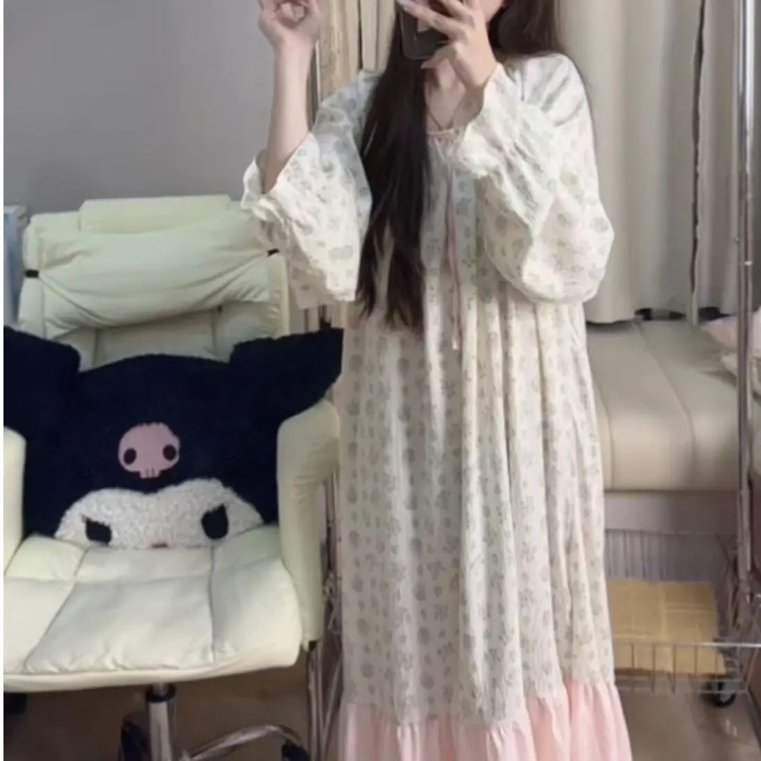 

Длинная ночная рубашка в корейском стиле, женский новый пуловер с круглым вырезом, домашняя одежда, пижамы, кружевная ночная рубашка, атласный пеньюар, домашняя одежда, ночное белье