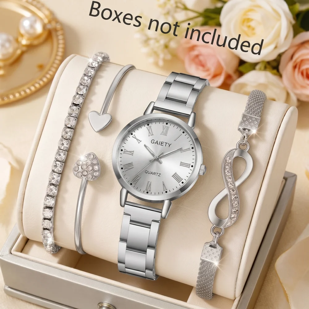 4Pcs/Set Unisex Jewelry Watches Women's Wristwatch Accessories Silver Trendy Fashionable Elegant Classic Exquisite Light Luxury Roman Numeral Dial Round Dial Quartz Watch Set Y2K Suitable for Travel, Parties, Daily Outfits, Perfect Birthday and Holiday Gift