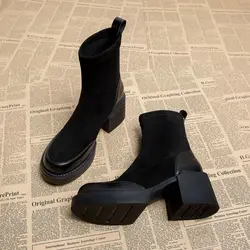 Bottes de rinçage courtes noires pour femmes, chaussures chaussettes, chaussons skip, talons très hauts, daim, style punk, botte d'automne