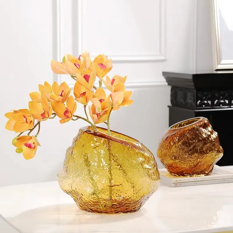 for Modern Light Luxury Glacier Texture Glass Vase with Oblique Mouth for Living Room Hydroponics Restaurant Homestay Model