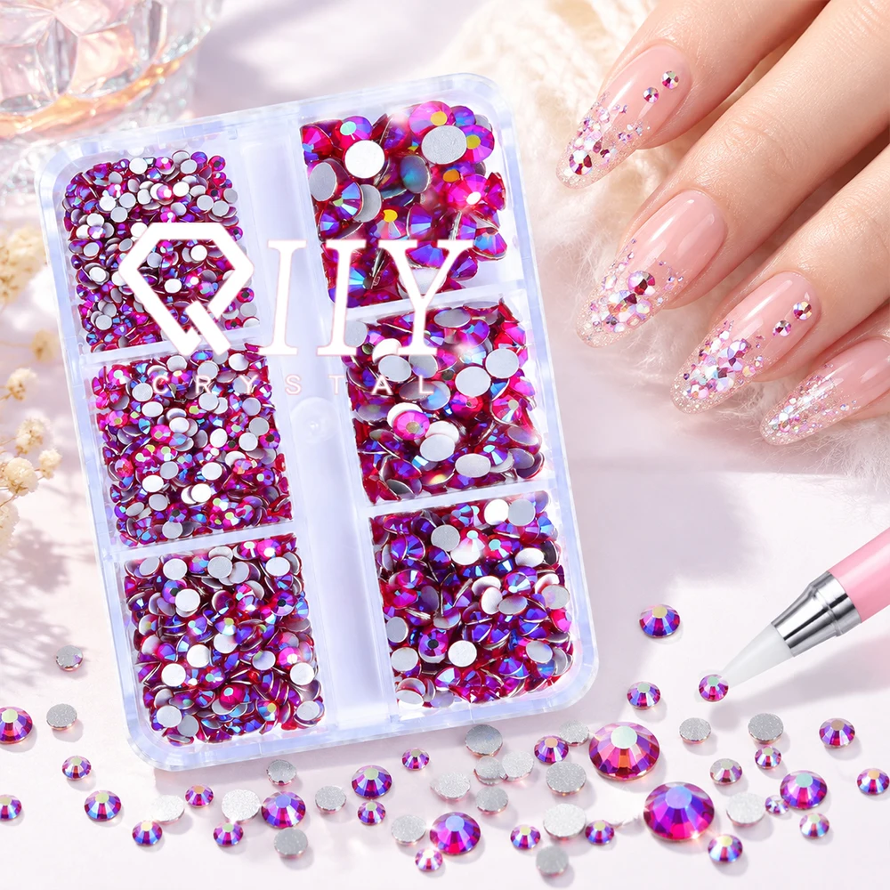 QIIY 1440Pcs Glass Rhinestone 6-Grid Crystal AB Silver Flatback Mix Size SS6-SS20 Stone For Nail Decoration Clothing Accessories