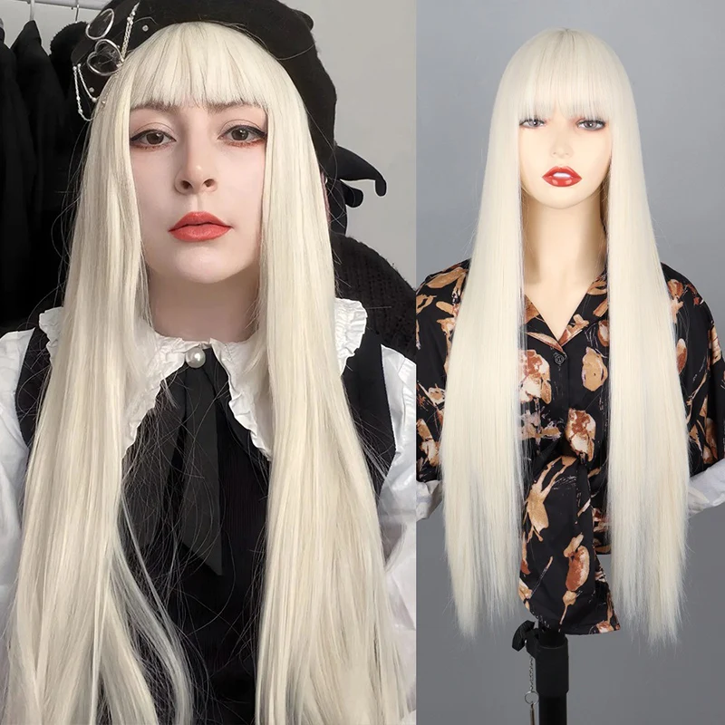 

Stage Cosplay Headwear Multicolored Long Straight Hair Ball Clothing Match Chemical Fiber Wig Woman Straight Bangs Wig Cover