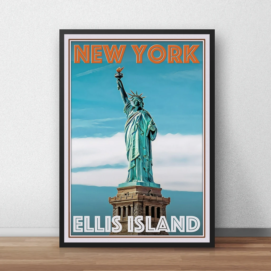 Ellis Island New York Retro Vintage Style Travel Poster HD Printable Canvas Art Print Home Decor Wall Painting ( No Frame )