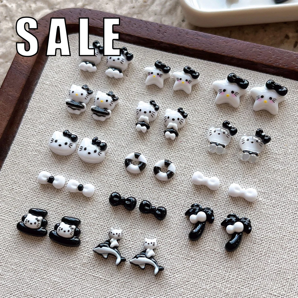 

20Pcs Sales Promotion Cute Hello Kitty New Black and White Matching Diy Manicure Decor Accessories Resin Flat Back Ornament