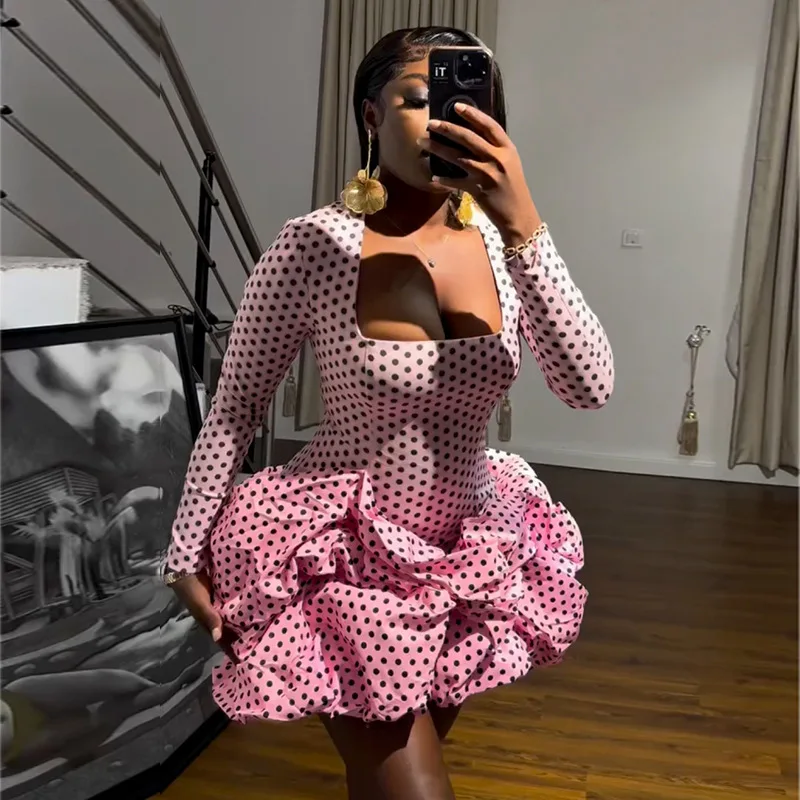 Women's clothing 2025 spring temperament elegant polka dot print square high waisted long sleeved floral bud dress short skirt