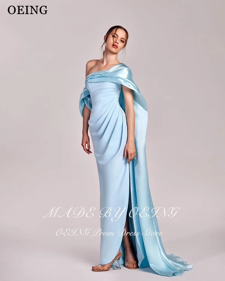 OEING Blue Mermaid Side Split Prom Dresses One Shoulder Pleats Party Gowns Floor-Length Contrast Color Party Dress Customized