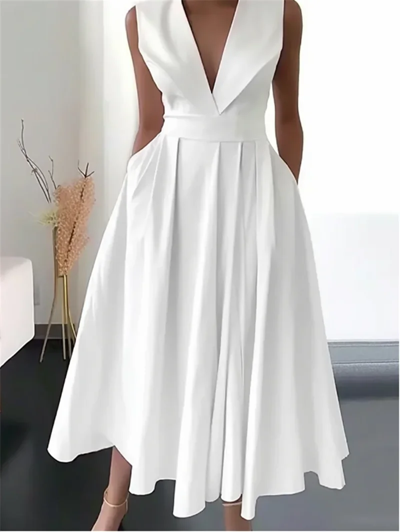 DSMTRC Sleeveless V Neck Pockets Solid Lady Party Casual Clothing Vestidos Summer Elegant A-Line Pleated Midi Dress For Women