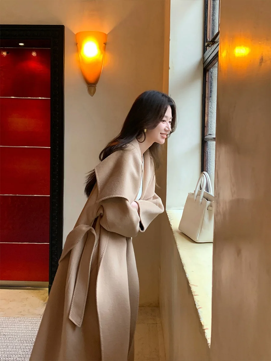 

Женское зимнее пальто из двусторонней шерсти цвета хаки с большим воротником, твидовое, с поясом на талии, новинка, роскошное.