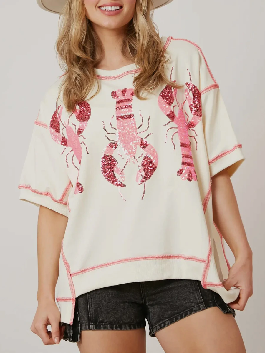 Women's Loose Fit Tunic Tops Glitter Sequin Lobster Crawfish Print Short Sleeve Round Neck Casual T-Shirts Female Summer Tee Y2K