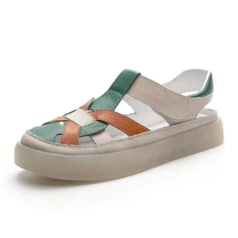 

3CM Fashion Mixed Colors Genuine Leather Sandals Women New Summer Slingback Shoes Soft Sole Outside Casual Flat Sandals Female