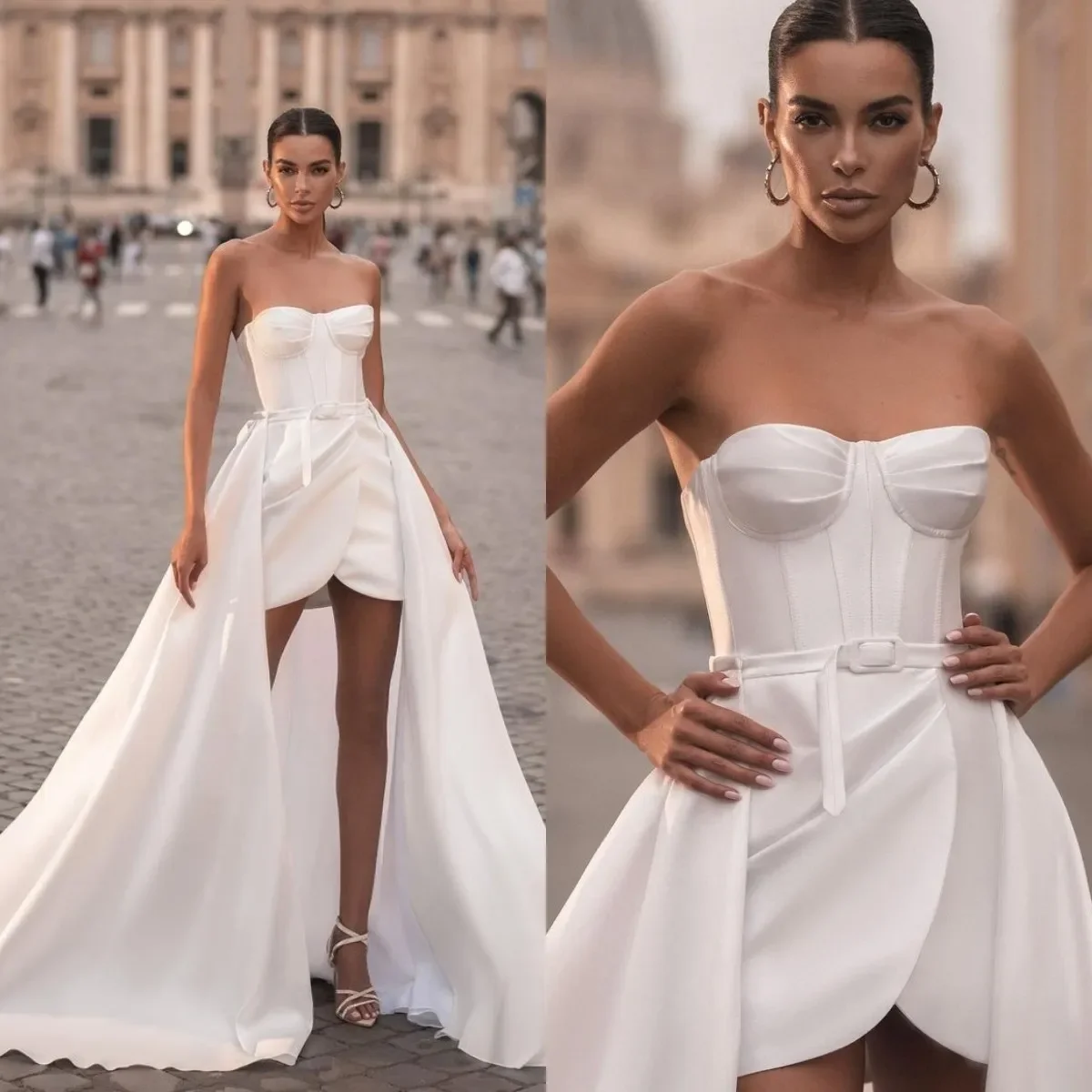 

Elegant Luxury Short Wedding dress Sexy backless floor length with detachable skirt Romantic Wedding Beach bridal party dress