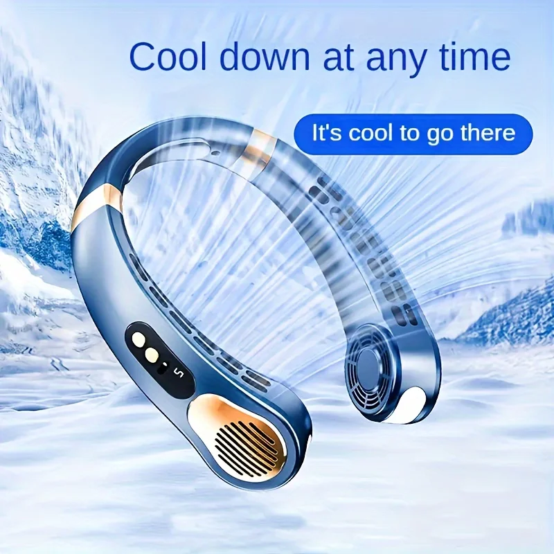 1pc ポータブルネック冷却ファン - 洗練されたブレードレスデザイン、5 スピード強風、TYPE-C 高速充電、バッテリー & ギア LED ディスプレイ、C