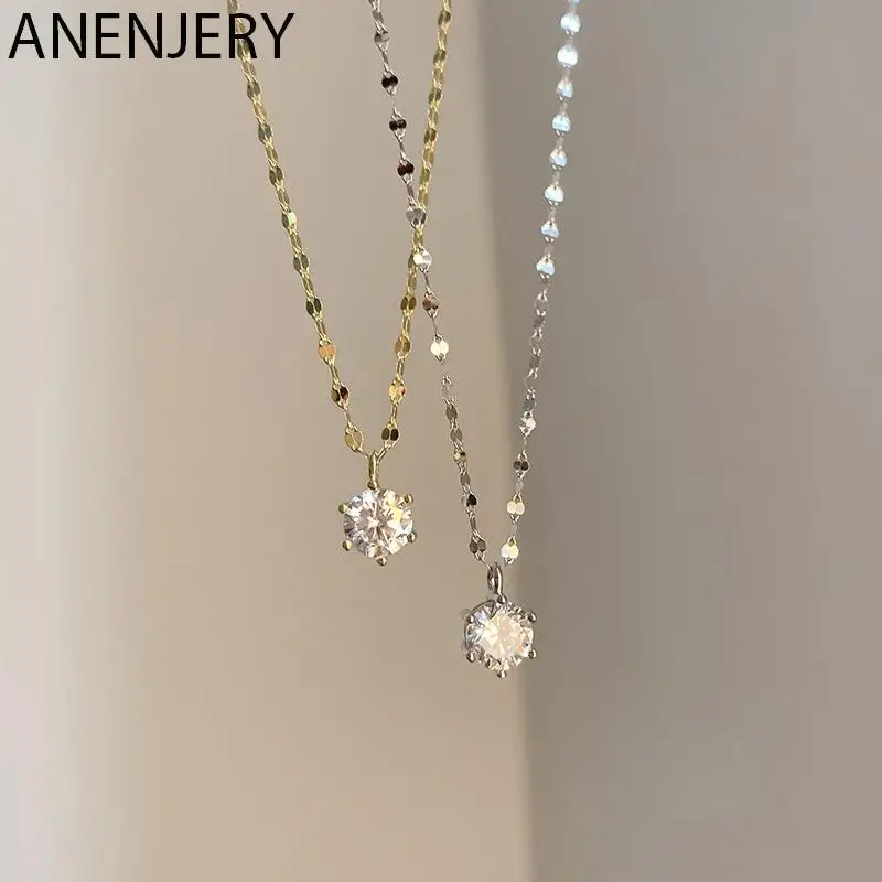 ANENJERY Silver Color Single Zircon Necklace for Women Six C