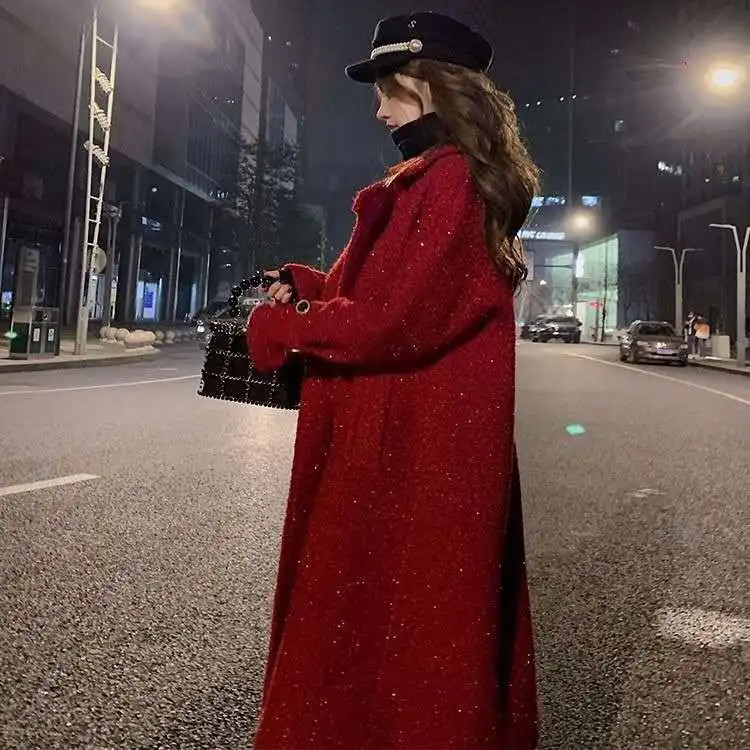 Autumn Winter Thiened Woolen Coat Women's Mid-Length Korean Sle Waist-Cinching High-End Personali Large Coat