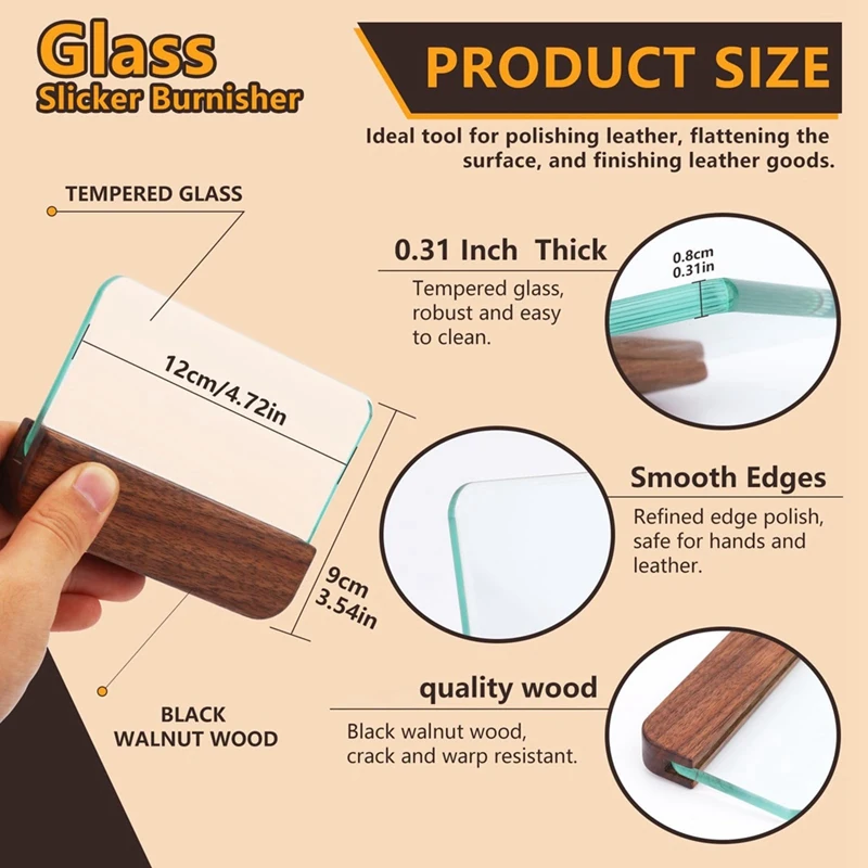 BAAG-ガラススリッカーウォールナットハンドル付きレザーバーニッシュ用ガラスレザーエッジバーニッシャーブロックスムージングツール