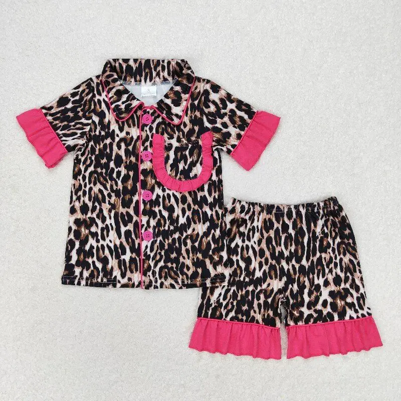 

Boutique wholesale clothing Toddler girls leopard Outfits Clothes Baby Short Sleeves floral pajamas Kids new arrival sets