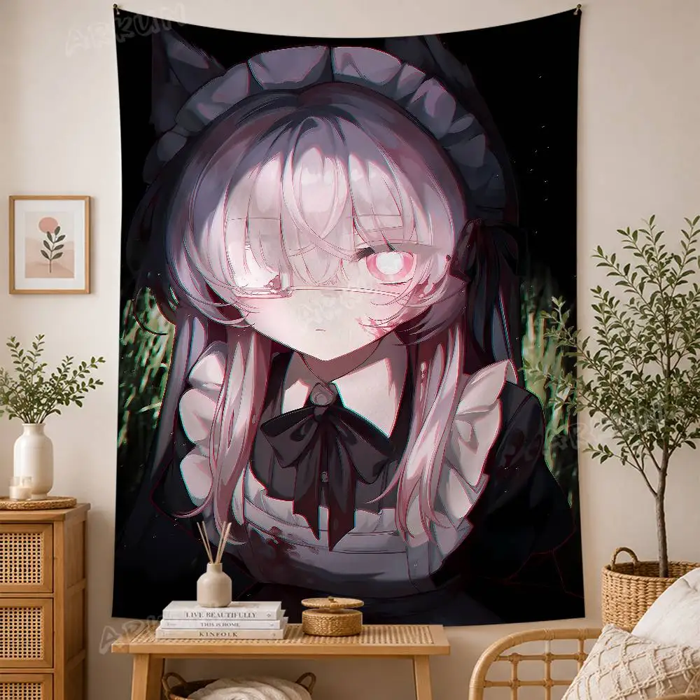Kawaii Gothic Lolita Cat Girl Wall Hanging Tapestry, Pale Pink Hair Anime Maid With Bright Red Eyes Dark Moody Room Decor