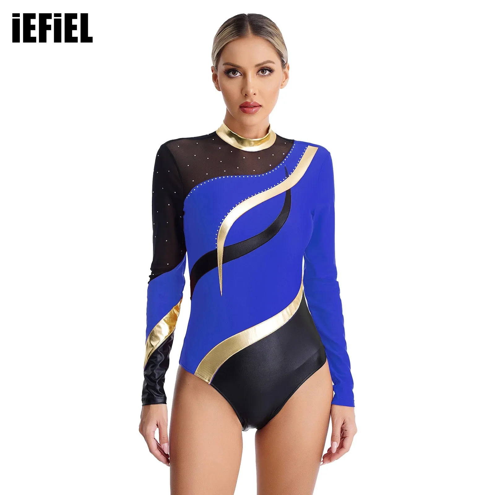 

Womens Color Block Dance Leotard Sparkly Rhinestone Cutout Back Long Sleeve Bodysuit Gymnastics Skating Performance Costume