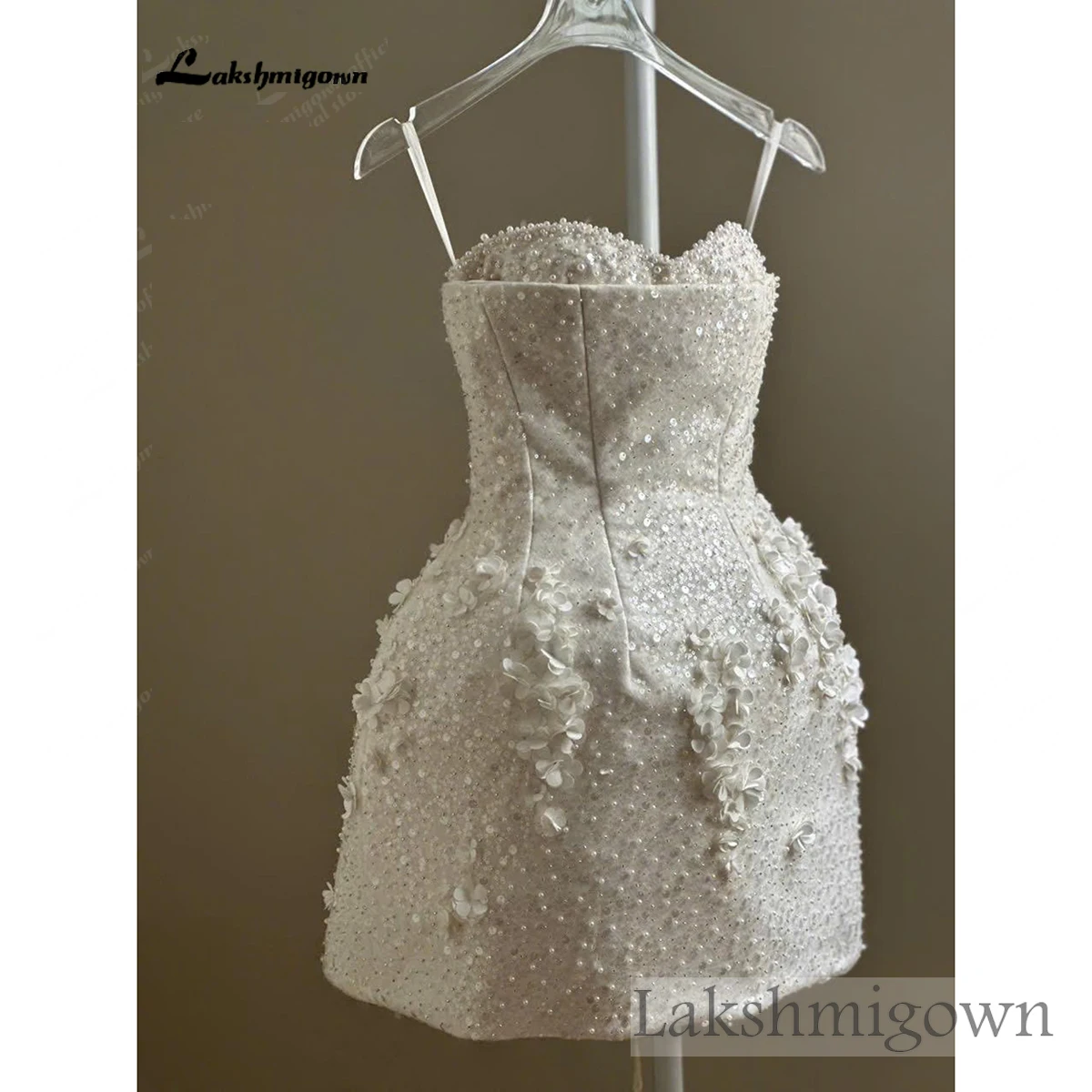Lakshmigown Funkelndes Blumen-Mini-Hochzeitskleid Perlenkorsett Brautkleid 3D-Blumen-Empfangskleid Perlenbesetztes Braut-Minikleid Maßanfertigung – Detail 5