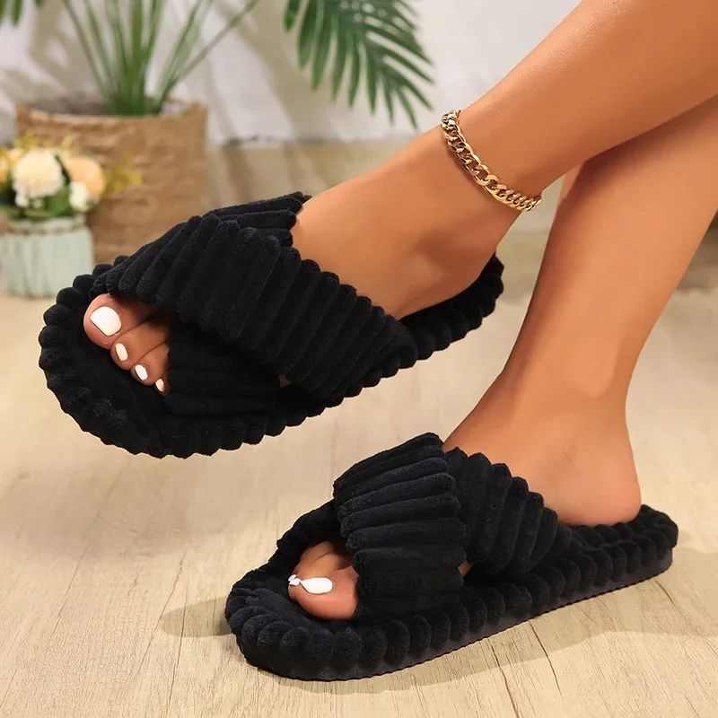 Sandal kain katun wanita bergaris polos, sandal jepit datar dalam ruangan tali silang, sandal jepit musim gugur ringan nyaman