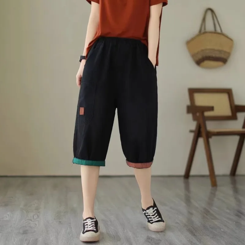 Faionable Women's Six-Pointed Skinny Jeans Summer Thin Loose Casual Large Size Mid-Thigh orts Waed out Elastic Waist