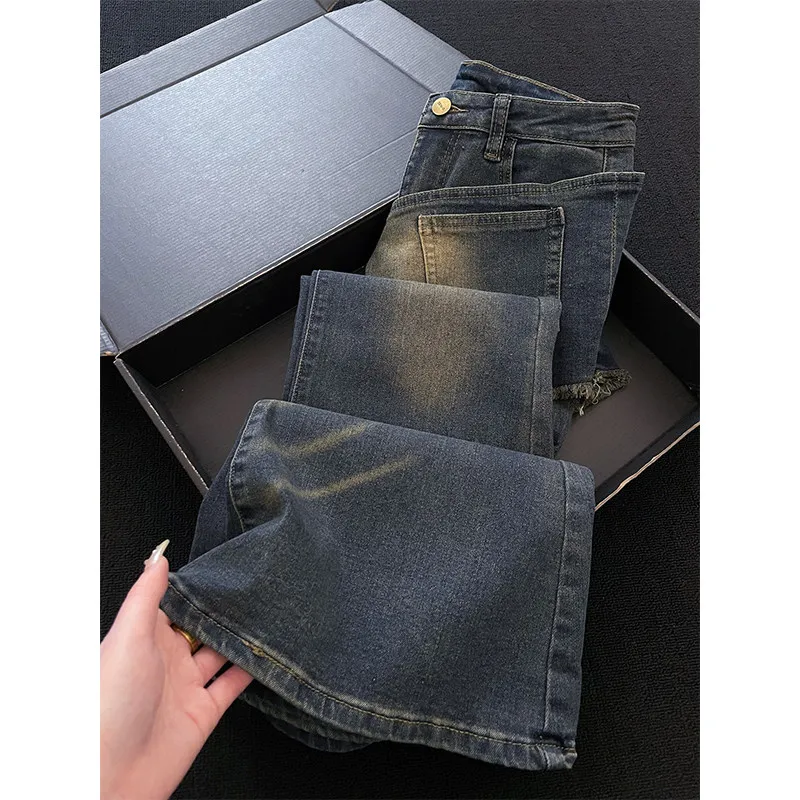 

Джинсы женские с высокой талией, прямые, из денима, весна 2026, новинка, большие размеры, утягивающие, широкие штанины, дизайнерская модель