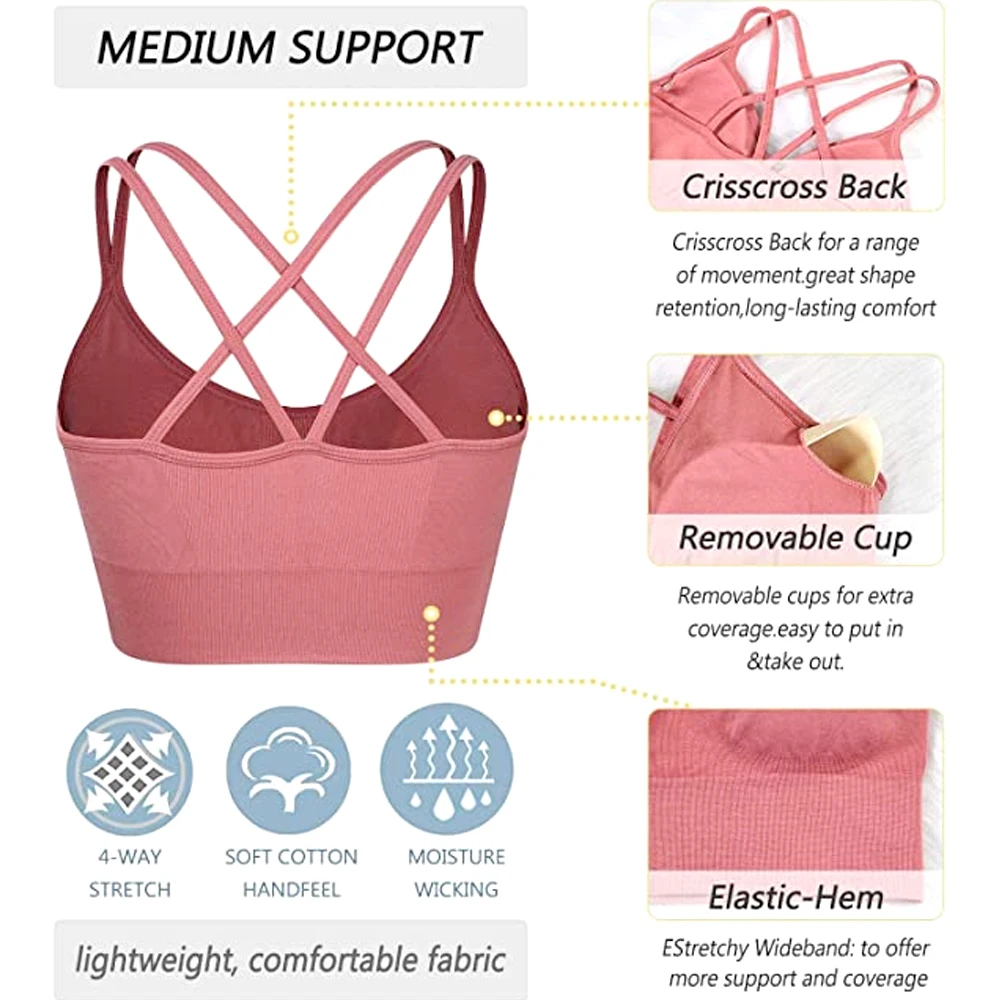 Keerunnp 1PC Women's Crisscross Back Sports Bra Removable Pads Low Impact Gym Yoga Running Workout Top Adjustable Straps