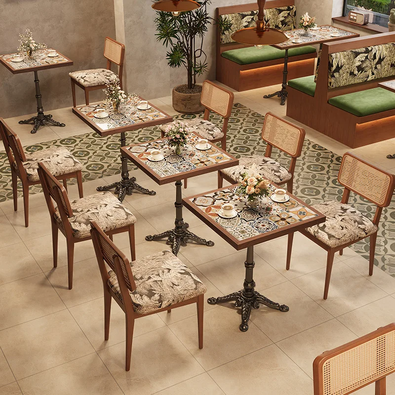 

South East Asia style commercial restaurant solid wood dining table and chair combination retro cafe dessert shop wall sofa seat