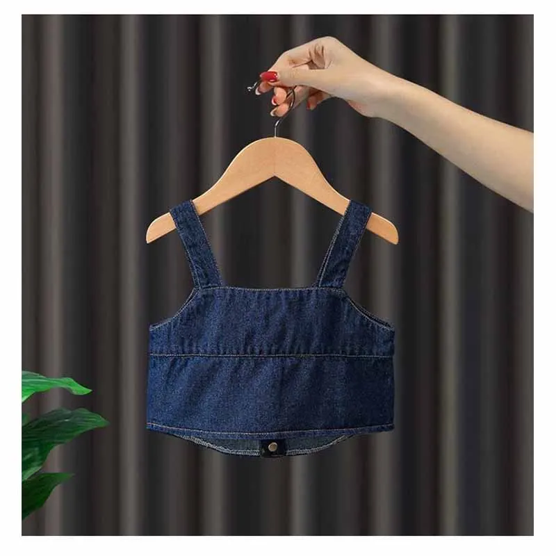 New Girls Denim Strappy Sets Baby Fashion Casual Suit Spring Autumn Children\'s Long-Sleeved Sweet Three-Piece 12M-4 Years Old