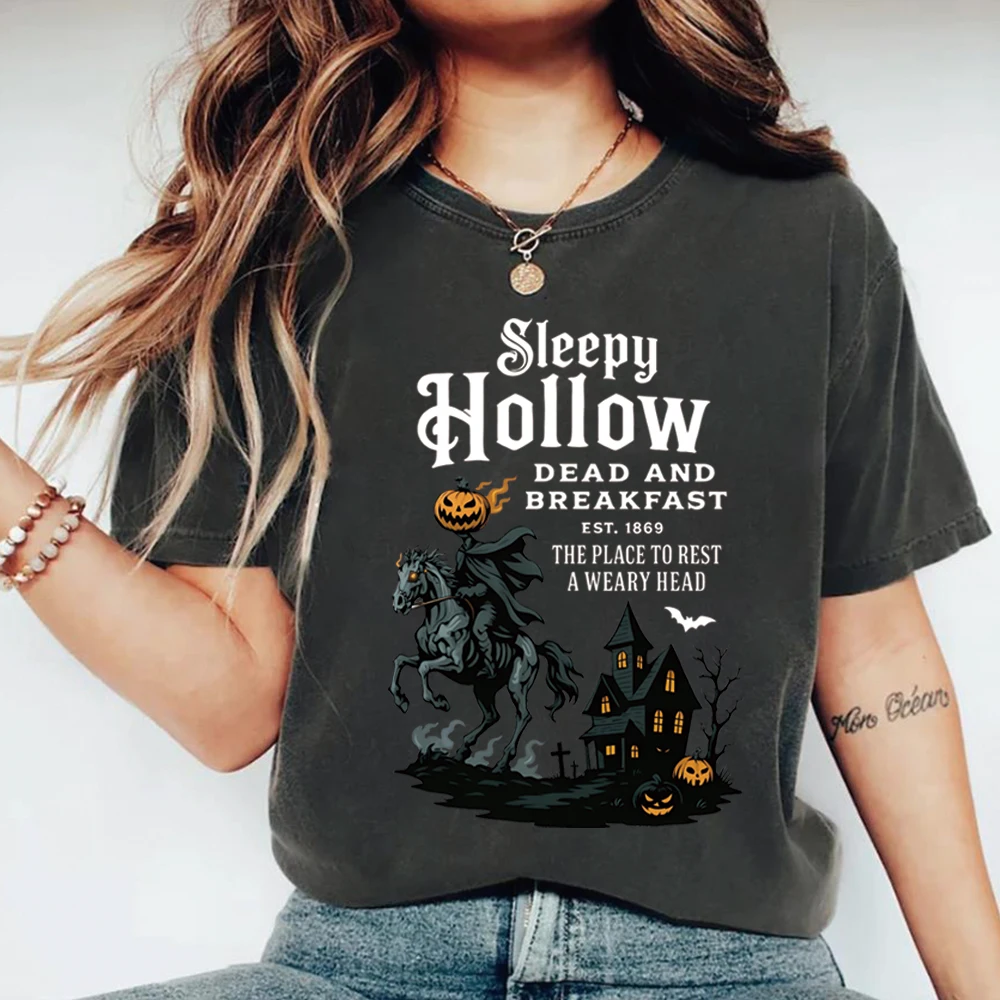 Sleepy Hollow Halloween T-shirt Gothic Horror Shirt Headless Horseman Pumpkin Rider Halloween Tshirt Vintage Short Sleeves Tops
