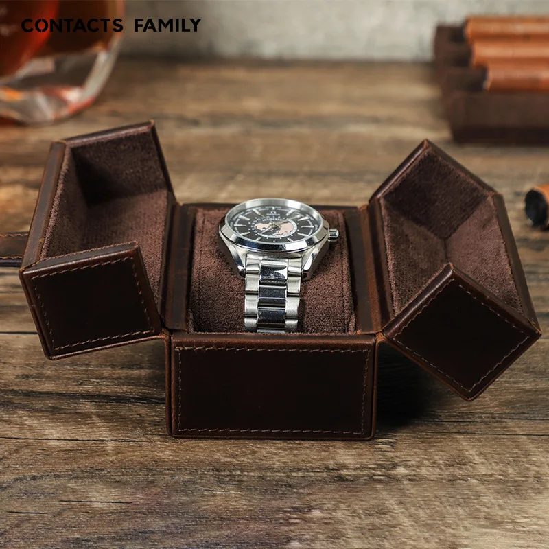 Retro Coffee-Colored Crazy Horse Leather Watch Box Creative Cat Eye Magnetic Clasp Left Right Opening Mechanism Travel Case