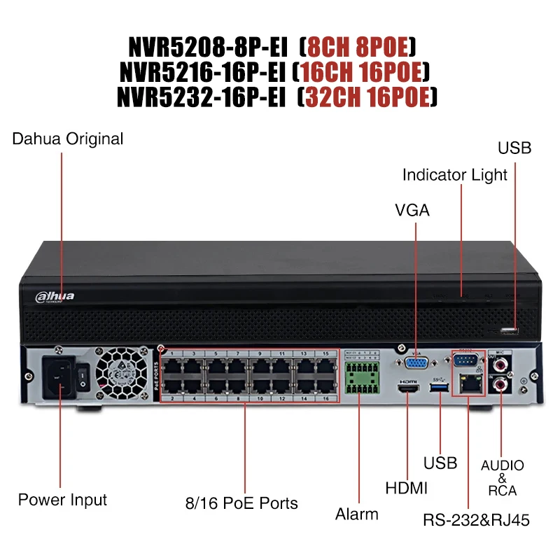 Dahua Dahua 8/16/32 CH 2HDD 1U NETWORK VIDEO RECORDER NVR5208-8P-EI / NVR5216-16P-EI / NVR5232-16P-EI