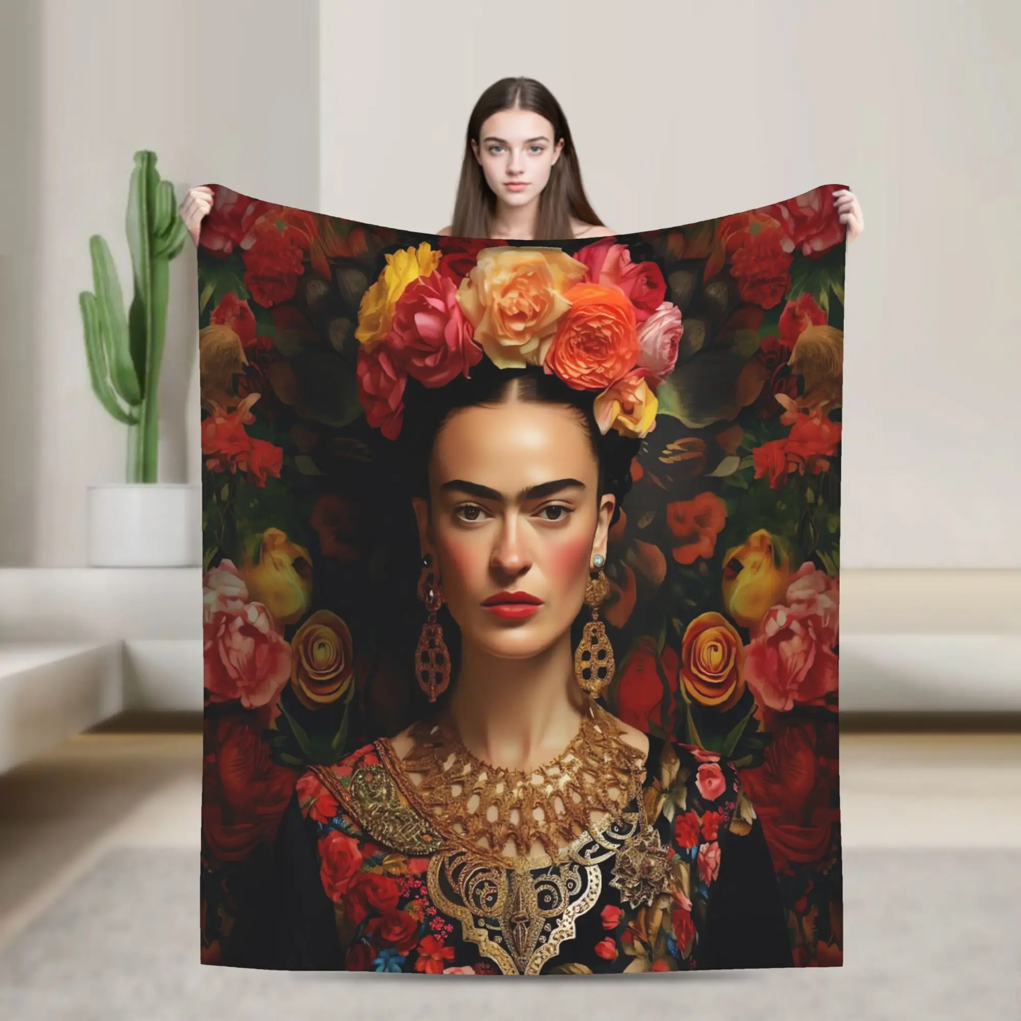 F-Frida K-Kahlo Flower Print Blanket  Picnic Flannel Throw Blanket For Bedroom Warm Soft Custom DIY Quality Bedspread Gift