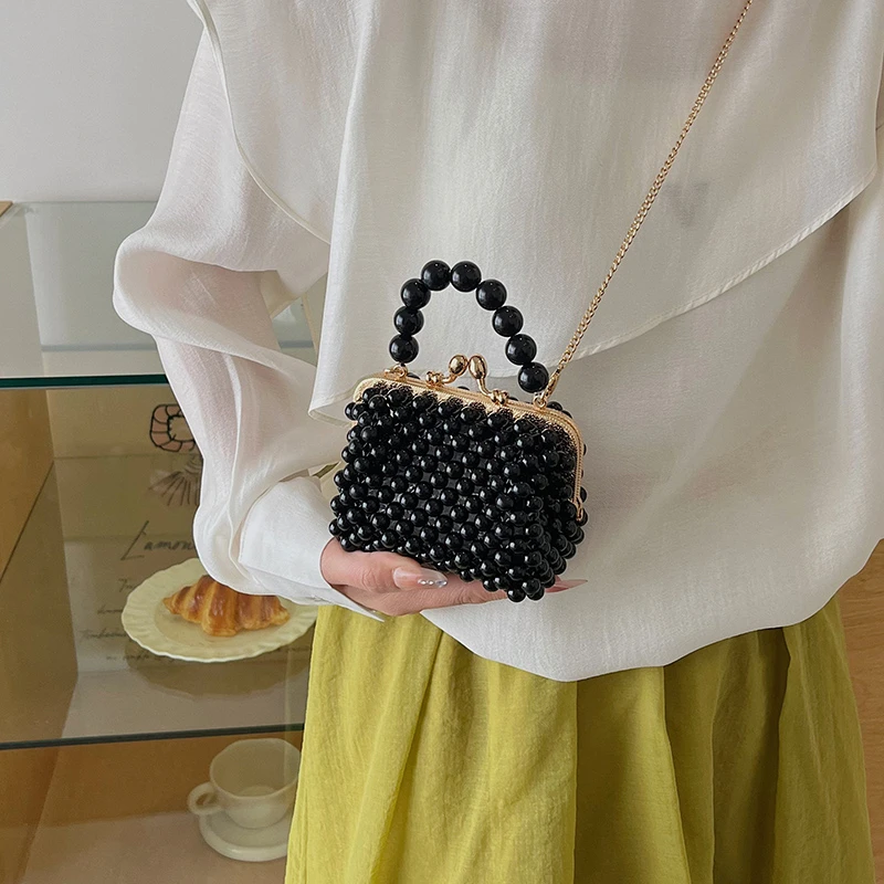Luxuriöse Designer-Damentasche, handgefertigte Perlen-Tasche, neue Ketten-Schulter-Crossbody-Tasche, Mini-Lippenstift-Etui, Vintage-Perlen-Abendtasche – Detail 7