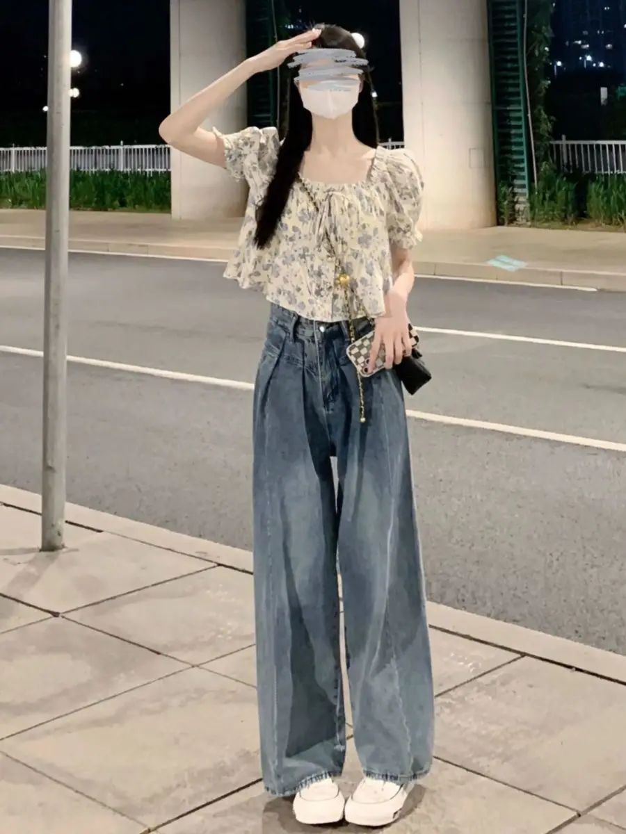 New Niche and Unique Square Collar Floral Shirt Fashionable Short Puff Sleeves Small Top