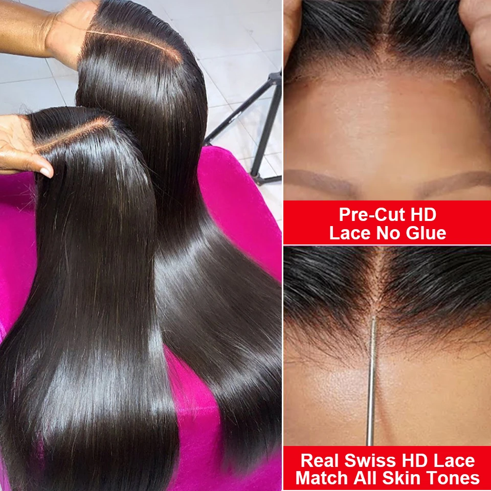 Pré corte perucas sem cola cabelo humano pronto para usar e ir preplucked em linha reta 13x6 hd peruca frontal do laço cabelo humano para mulher 40 Polegada