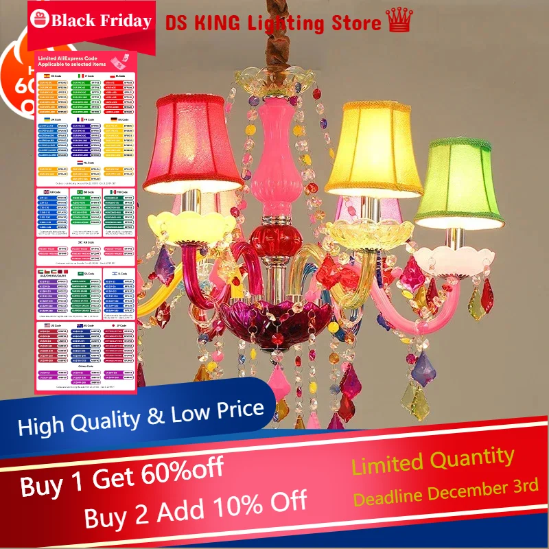 European Style Children\'s Room Colorful Chandelier Girl Princess Bedroom Crystal Droplight Ktv Bar Atmosphere Pendent Lamp