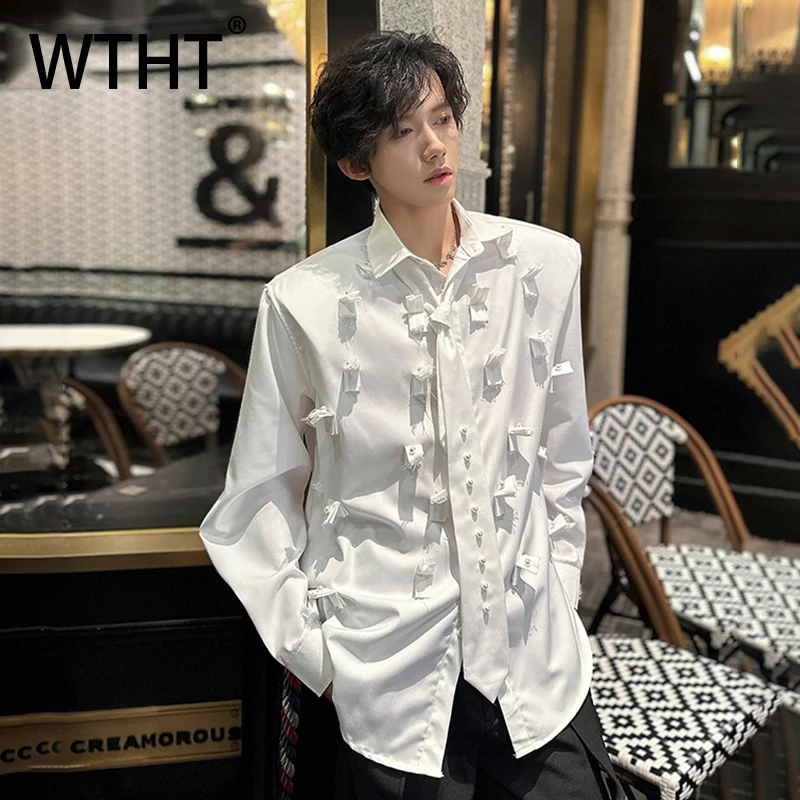 

WTHT Fashion Men's Heavy Industy Patchwork Tie Design Casual Shirts Trendy Turn Down Collar Loose Tops Male 2025 Summer 2A1246