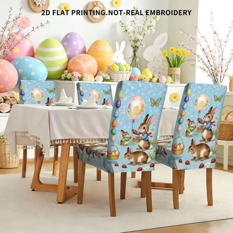 

Набор обеденных стульев с 2D-принтом на тему Пасхи: кролик, корзина с яйцами, клубника, узор с бабочками