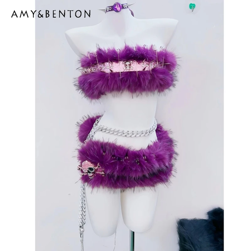 

Оригинальный дизайн, фиолетовый пушистый женский жилет в стиле панк, милая крутая сексуальная юбка, креативное новое ожерелье, комплект цепочек на талию из тяжелого металла, женский комплект