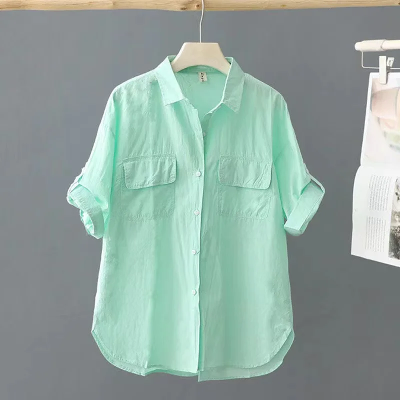 

Loose Women's Pure Cotton ort Sve irt Casual V-Ne Button-Up Top Comfortable Breathable Summer Faion Workwear