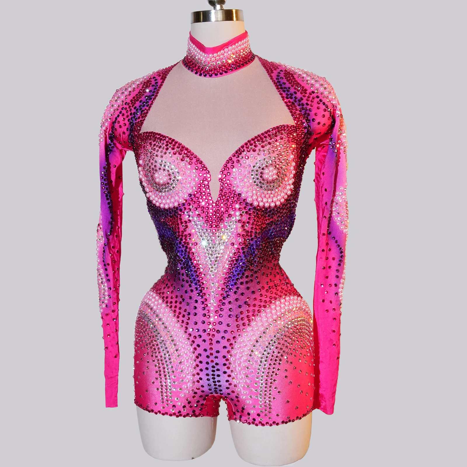 스파클 전체 라인 석 바디 슈트 섹시한 핑크 배 클럽 파티 생일 드래그 퀸 DS 폴 댄스 의류 가수 무대 공연