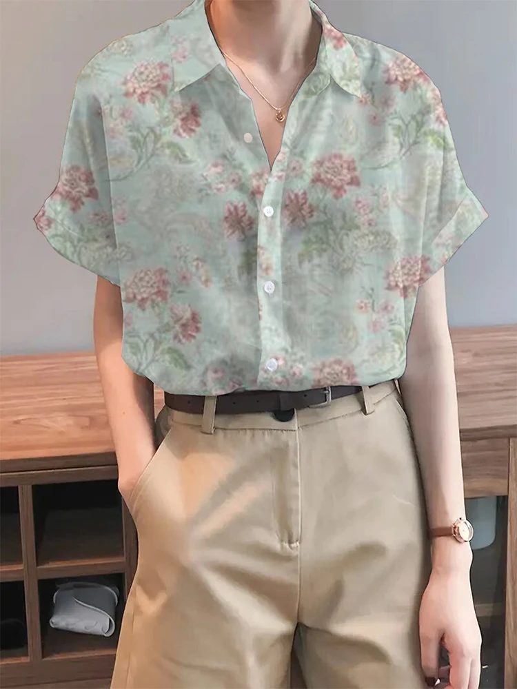 Women's Printed Button Shirt Summer Elegant Lapel Short Sleeve Shirt Loose Breathable Comfortable Anti-Wrinkle Spring Summer